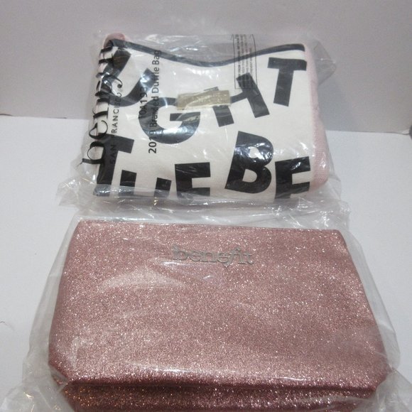 Benefit Cosmetics Duffle Bag AND Pink Glitter Zippered Cosmetic Bag Set